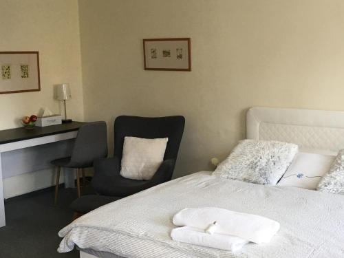 a bedroom with a bed and a chair and a desk at Pension a restaurace Filip II in Mariánské Lázně