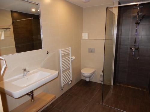 a bathroom with a sink and a shower and a toilet at OtavArena in Písek