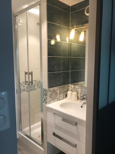 オンフルールにあるLa bonbonnière de Sofiの白い洗面台とシャワー付きのバスルーム