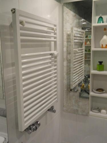 a bathroom with a shower with white shutter doors at Großzügiges Appartement nähe Hannover-Messe in Hannover