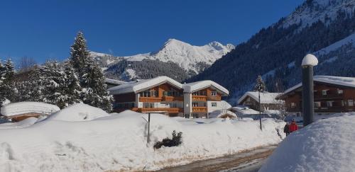 a snow covered town with a lodge in the mountains at Landhaus Thaler in Mittelberg