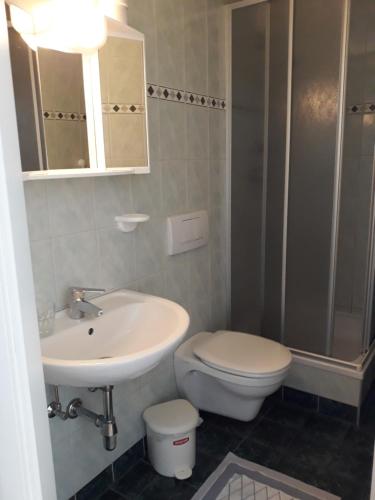 a bathroom with a sink and a toilet and a mirror at Haus Rohskopf in Mallnitz