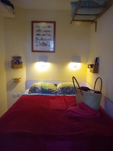 - une chambre avec un lit avec une couverture rouge et deux lumières dans l'établissement Albertine appt 112, à Moliets-et-Maa