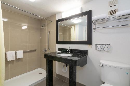 La salle de bains est pourvue d'un lavabo, de toilettes et d'un miroir. dans l'établissement Studio 6-Fort Worth, TX - West Medical Center, à White Settlement