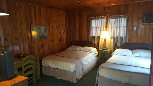 a bedroom with two beds and a tv in it at The Meadows in Lake George