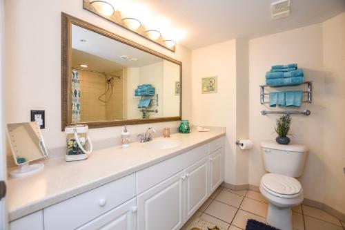 a bathroom with a sink and a toilet and a mirror at Ocean view studio condo. in Daytona Beach