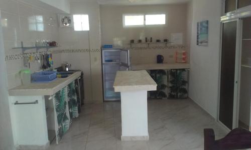 a kitchen with a counter and a sink and a refrigerator at Dre Broeders Apartments Juan Dolio in Juan Dolio