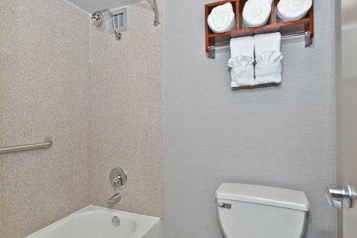 een badkamer met een toilet, een douche en handdoeken bij Wyndham Garden Elk Grove Village - O'Hare in Elk Grove Village