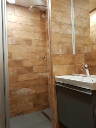 a bathroom with a sink and a mirror at Mona Apartamentai in Telšiai