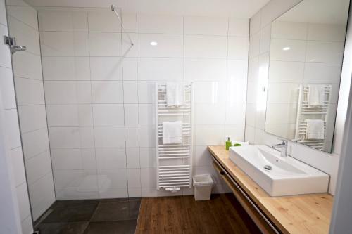 a white bathroom with a sink and a mirror at Busses Guesthouse in Freiburg im Breisgau