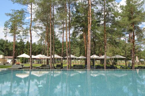 a large swimming pool with trees in the background at Sobi Hotel in Vyshhorod