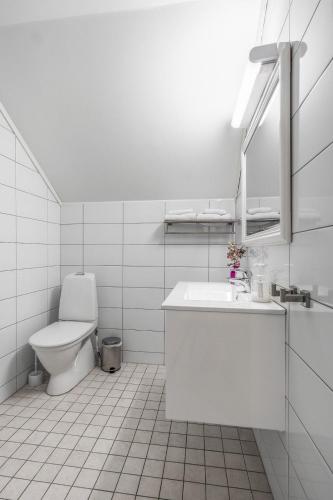 a white bathroom with a toilet and a sink at Opsahl Gjestegaard in Bodø