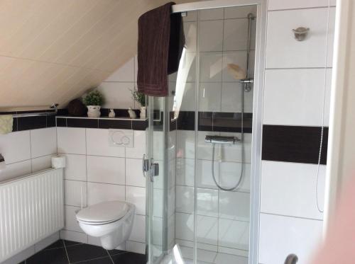 ein Bad mit einer Dusche und einem WC in der Unterkunft Ferienwohnung Waldblick in Munster im Heidekreis