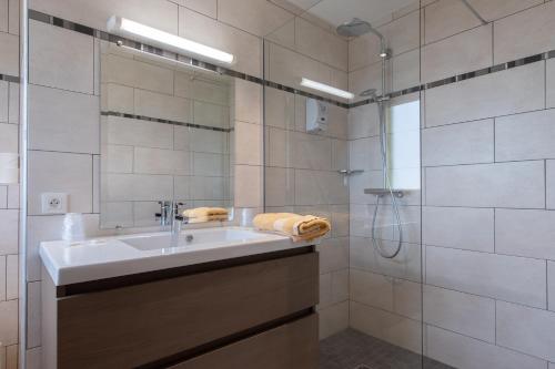 y baño con lavabo y ducha. en Relais du Klevener, en Heiligenstein