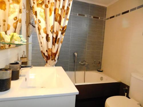 a bathroom with a sink and a tub and a toilet at Eleni Apartment in Pigi