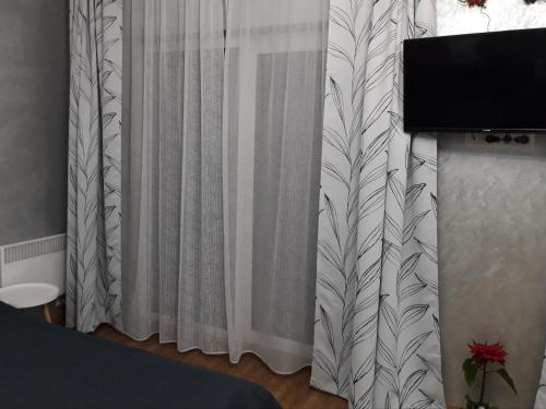 a bedroom with a bed and a curtain with a television at Однокомнатная квартира-студия. Новострой, центр города. in Lutsk