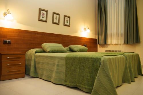 Schlafzimmer mit einem grünen Bett mit einem Kopfteil aus Holz in der Unterkunft Hostal El Catalán in Madrid