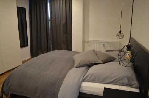 a bedroom with a large bed with two pillows at Apartment Pfungstadt in Pfungstadt
