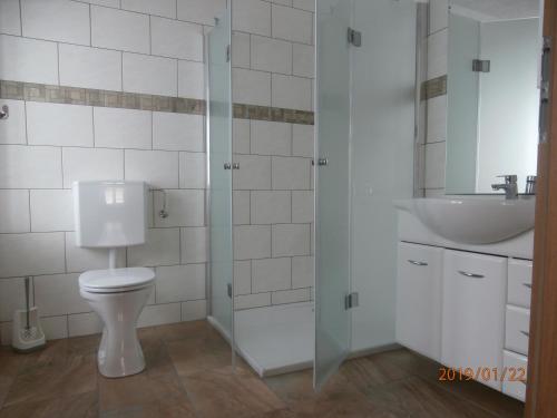 ein Bad mit einem WC und einem Waschbecken in der Unterkunft Ferienwohnung Bluemelhube Wohnung Anja in Vordernberg