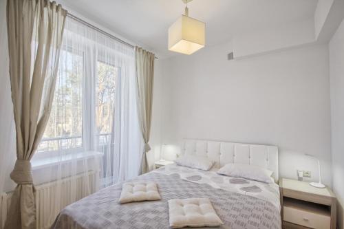 - une chambre blanche avec un lit et une fenêtre dans l'établissement Akva Apartament 1, à Druskininkai