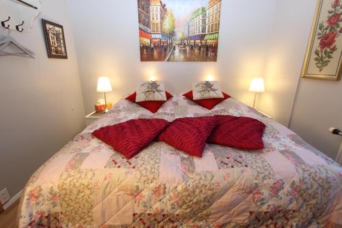 a bedroom with a large bed with red pillows at The Viking Country Club in Hjalteyri