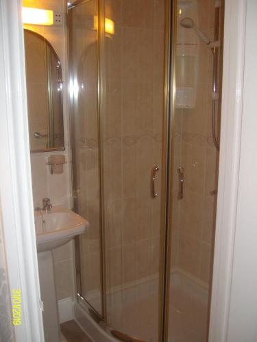 a bathroom with a shower, sink, and mirror at Kelvin House in Torquay