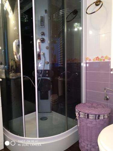 a bathroom with a shower and a toilet and a stool at Calle Maliayo in Villaviciosa