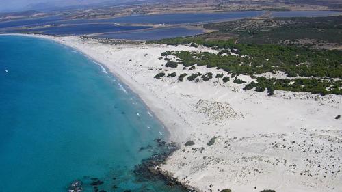 an aerial view of a beach and the ocean at Domos Le Due Tuie in Piscinas