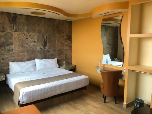 a bedroom with a bed and a desk and a mirror at Hotel Jard Inn Adult Only in Mexico City