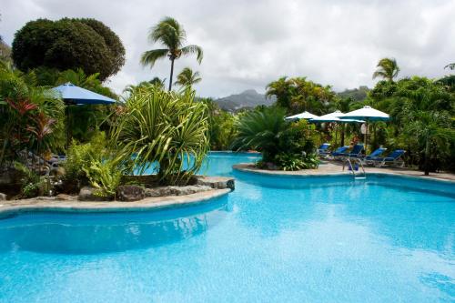 a pool at a resort with blue water and palm trees at Young Island Resort in Kingstown
