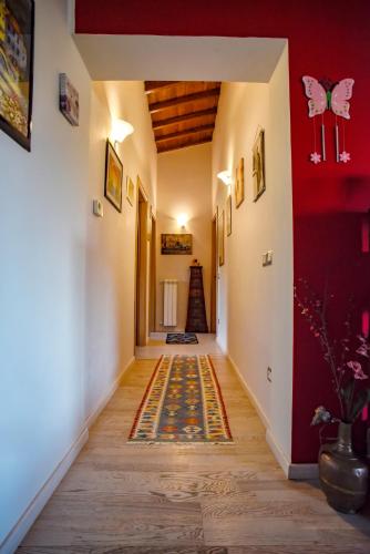 a hallway with red walls and a rug on the floor at Villa Farfalla Bianca in Vitorchiano