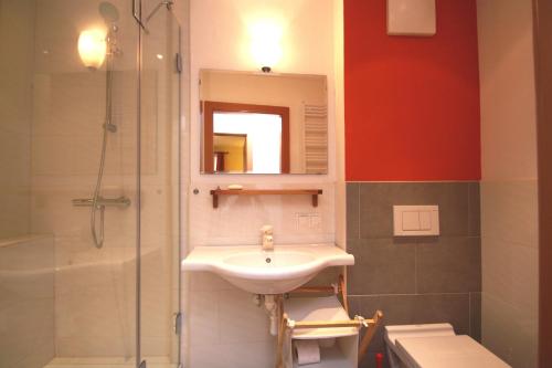 a bathroom with a sink and a shower at Appartements Reiterhaus in Wagrain