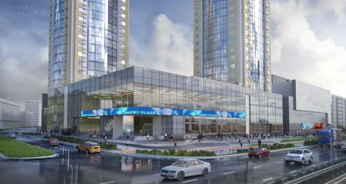 a rendering of a building with cars in a parking lot at Apart Assistant on Smart Plaza in Kyiv