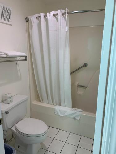 a bathroom with a toilet and a shower curtain at Scottish Inn - Clanton in Clanton