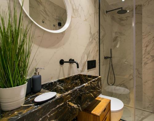a bathroom with a shower and a toilet and a sink at Ultra Chic Santa Catarina in Lisbon