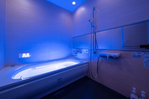 a large bathroom with a tub and a shower at Hotel Waraku Shibukawa in Shibukawa