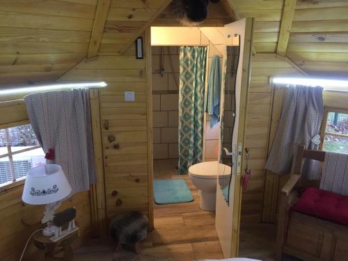 a small bathroom with a toilet in a tiny house at Alaguyauder le KOTA in Châtillon-sur-Broué