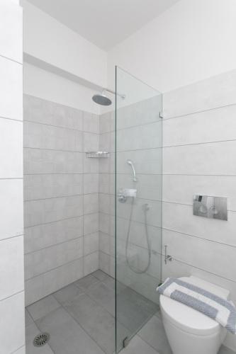 a bathroom with a glass shower with a toilet at Sweet Home Naxos in Naxos Chora