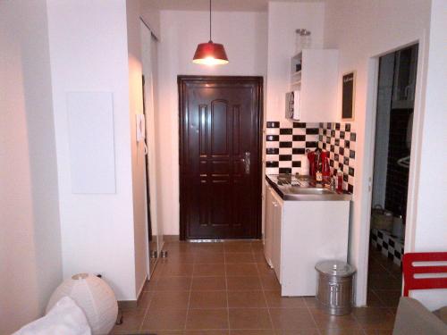 - une cuisine avec une porte marron foncé et un évier dans l'établissement Le Studio des Artistes, à Marseille