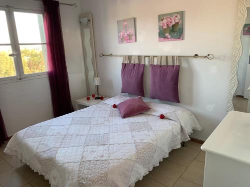 ein Schlafzimmer mit einem Bett mit lila Kissen und einem Fenster in der Unterkunft apart Port Grimaud Marché in Grimaud