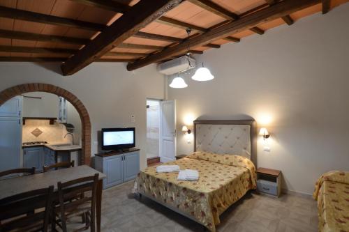 a bedroom with a bed and a table and a television at Villa Bolgherello in Marina di Bibbona