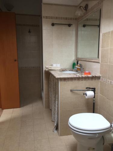 uma casa de banho com um WC, um lavatório e um espelho. em Mancini Michela Alloggio uso turistico em Acilia