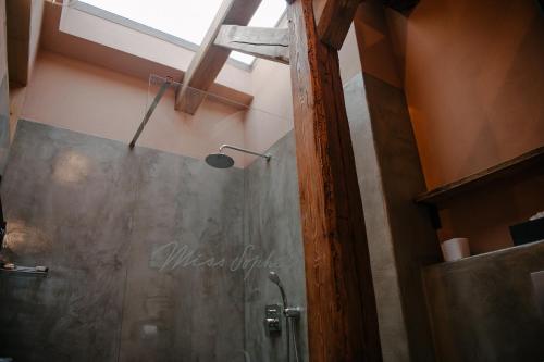 a shower stall in a bathroom with a window at Miss Sophie's Olomouc - Boutique Hotel in Olomouc