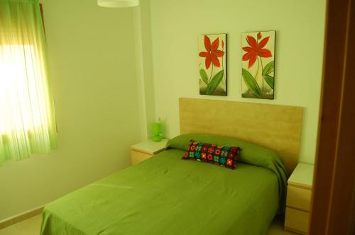 ein Schlafzimmer mit einem grünen Bett und einem Kissen darauf in der Unterkunft Apartamentos y Áticos Zahara in Zahara de los Atunes