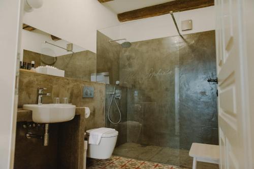 een badkamer met een douche, een toilet en een wastafel bij Miss Sophie's Olomouc - Boutique Hotel in Olomouc