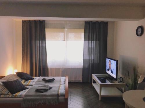 - une chambre avec un lit, une fenêtre et une table dans l'établissement Apartments am Wall, à Brême
