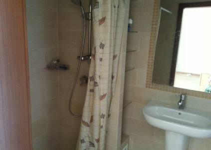 uma casa de banho com uma cortina de chuveiro e um lavatório em Дом напротив отеля "Рамада Энкор" em Kiev