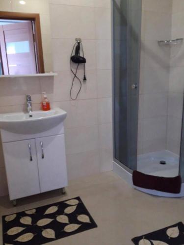 a bathroom with a shower and a sink and a glass shower door at Lutsk, Double-Room apartments in Lutsk