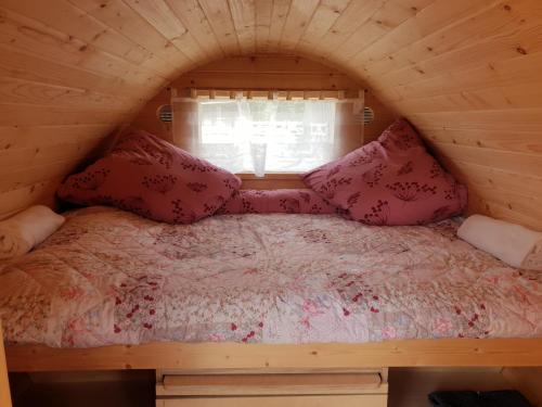 a bed in a tiny house with a window at Behrs Hof in Scharmbeck