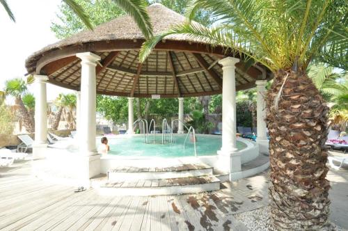 une piscine avec un kiosque et un palmier dans l'établissement Mobilhome dans Camping les Sables d'or, au Cap d'Agde